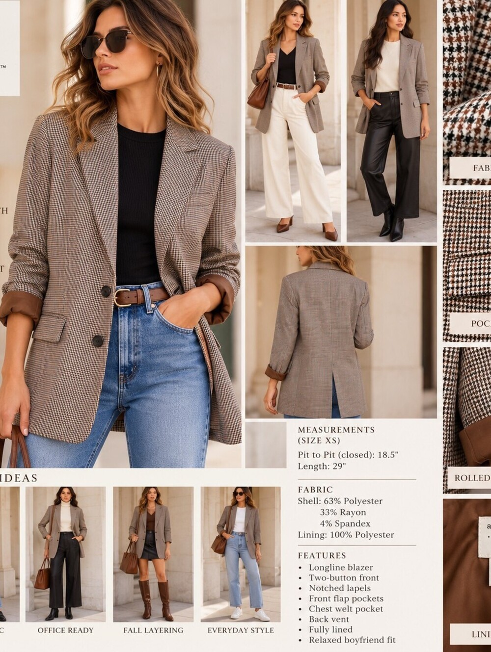 A New Day XS Houndstooth Longline Blazer Brown Boyfriend Plaid Jacket